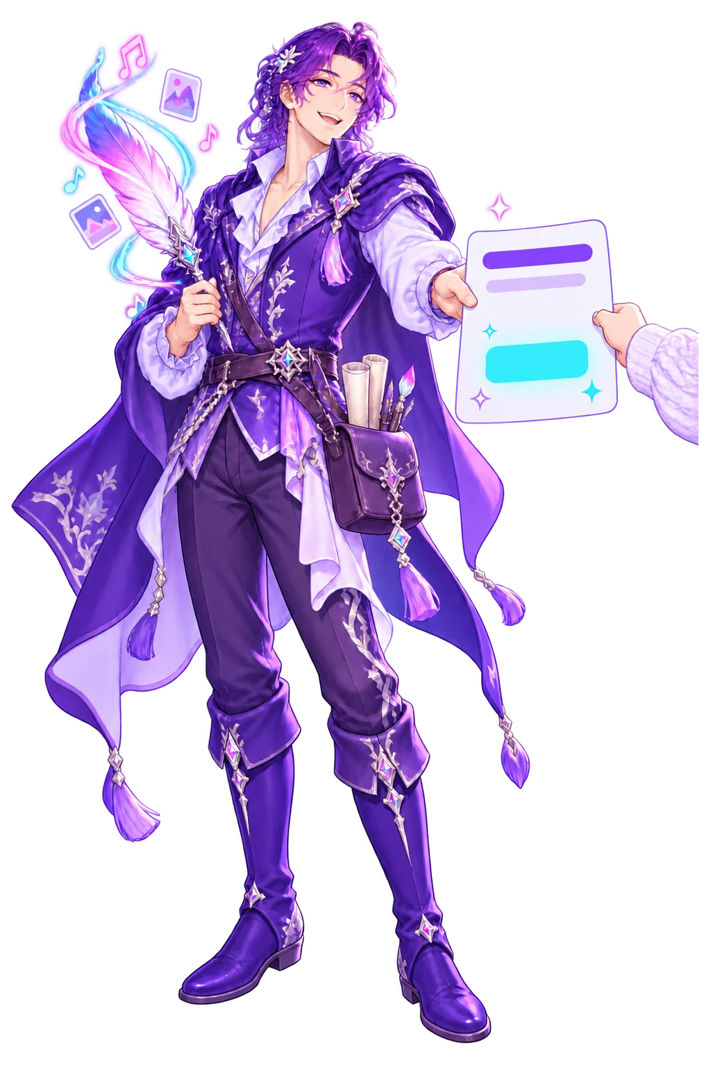 The FableForge designer holding out one glowing page with a single bright button on it, a reader's hand reaching in from the edge to take it.