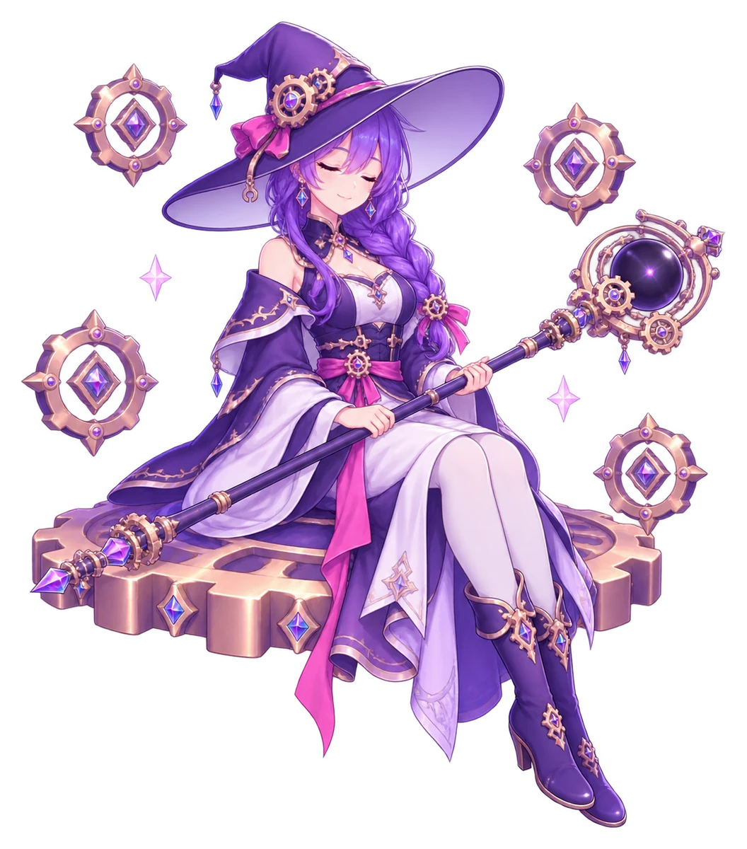 Illustration of the FableForge automation mage sitting on a large cog that has drifted to a stop, her staff across her lap and its crystal orb dark but for one small ember.