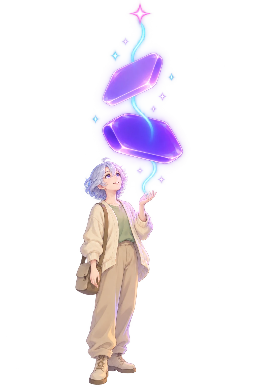 Illustration of a small-business owner in a cream cardigan looking up, one hand open, with two glowing violet crystal slabs floating above their palm joined by a single cyan thread that rises to one pink star.