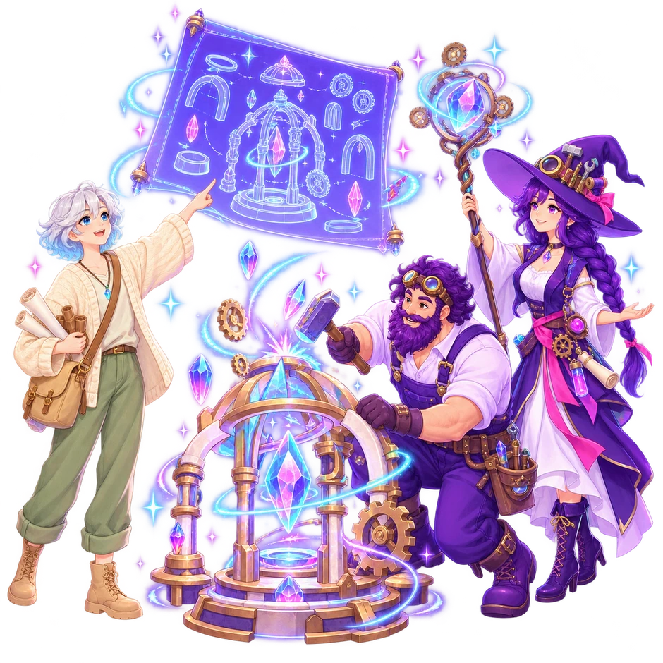 Illustration of a small-business owner in a cream cardigan, scrolls under one arm, pointing at a glowing blueprint while the FableForge builder hammers it into existence and the automation mage steers it.