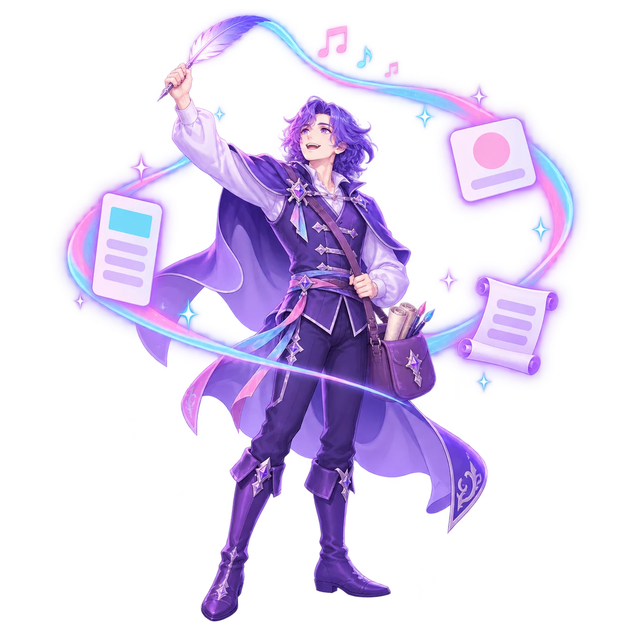 The FableForge designer with a glowing quill raised, a newsletter page, a social-post card and a blog scroll circling in its ribbon of light.