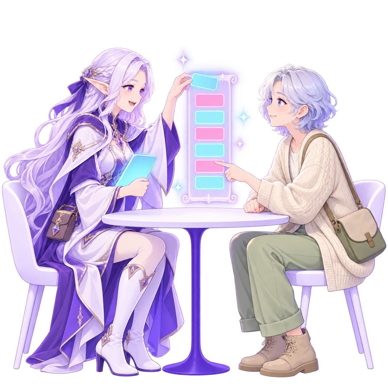 The FableForge client manager and a small-business owner seated across a small round table, sorting one floating list of glowing cards together.