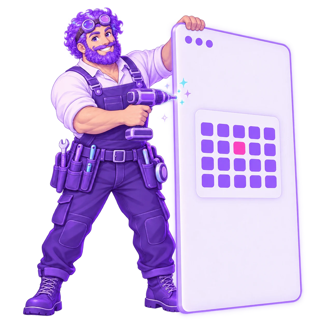 The FableForge builder raising a large glowing browser-window frame into place like a wall panel, a small calendar widget already hung on it.