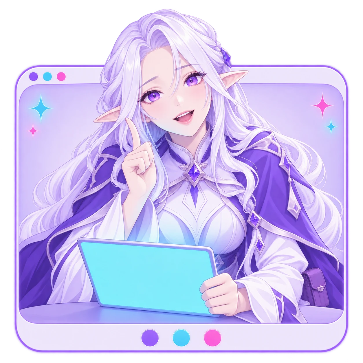 The FableForge client manager framed in a rounded video-call window, leaning in mid-question with one finger raised, her glowing cyan tablet on the desk in front of her and three plain call-control buttons along the window's bottom edge.