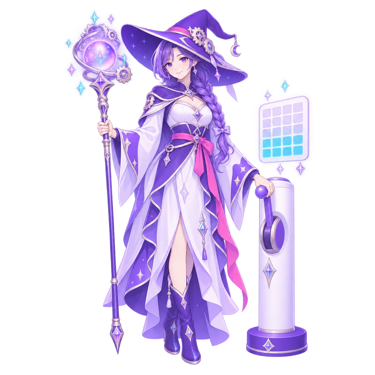 The FableForge automation mage resting one hand on a lever she has eased down, her staff's cogs drifting slowly, a small calendar card beside her with the rest of the month still lit.