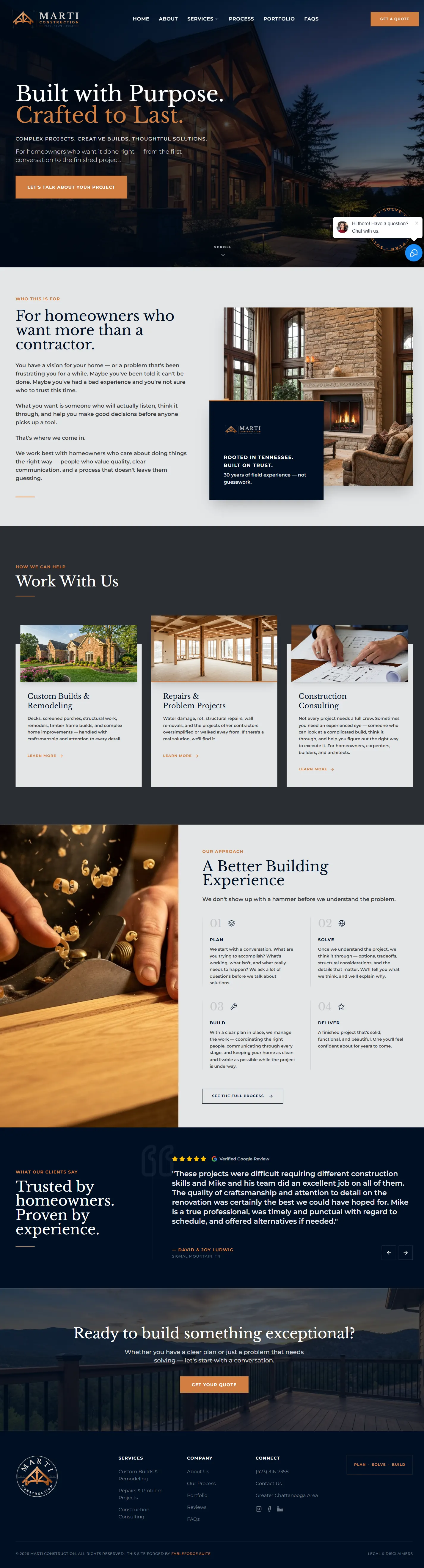 Full-page screenshot of the Marti Construction homepage