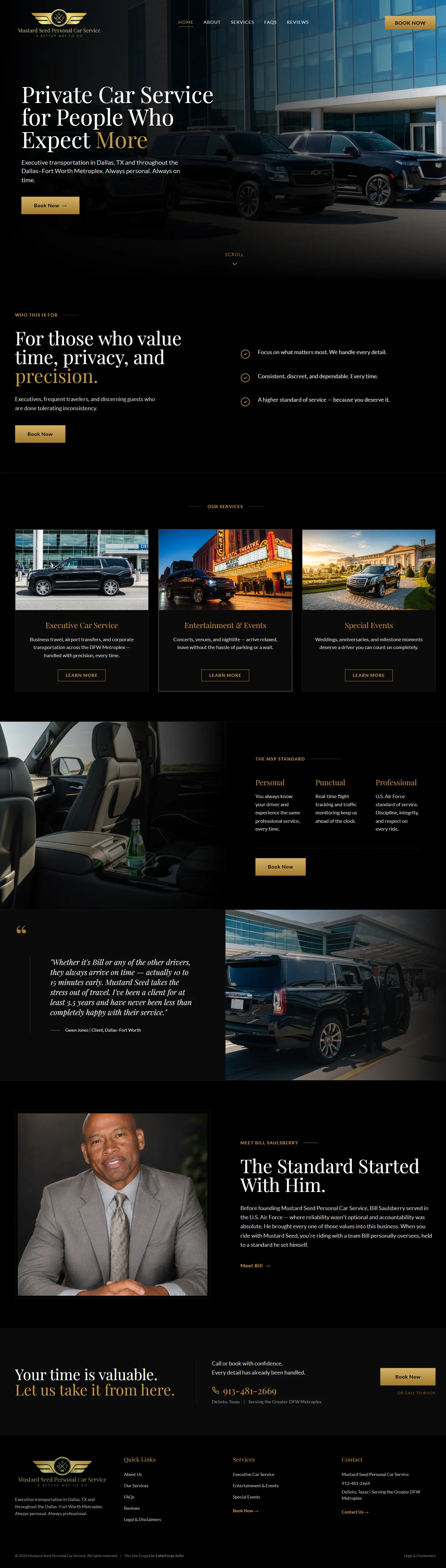 Full-page screenshot of the Mustard Seed Personal Car Service homepage