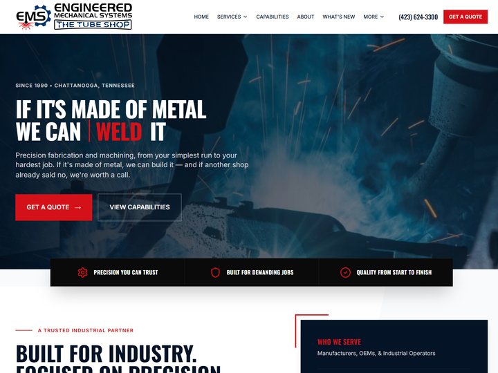Engineered Mechanical Systems home page: a welder throwing sparks behind the headline “If it’s made of metal we can weld it”.