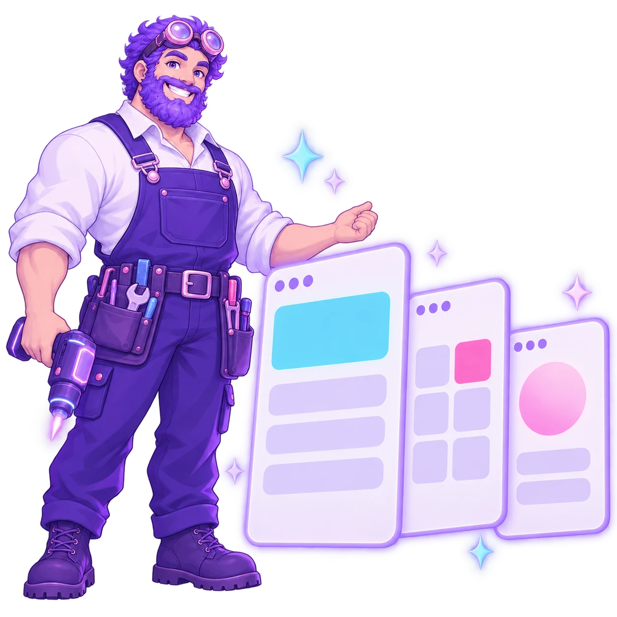 The FableForge builder presenting a row of three finished browser-window panels leaning side by side like framed pictures, his power tool resting at his side.
