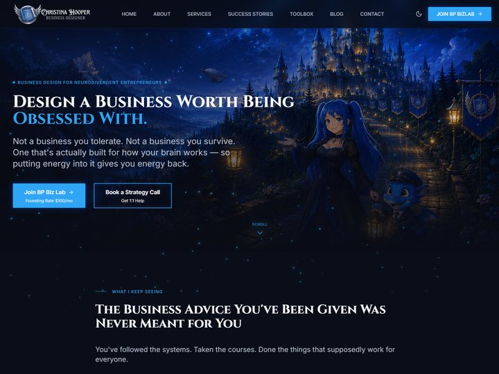 Christina Hooper home page: an illustrated night-time castle scene behind the headline “Design a Business Worth Being Obsessed With.”