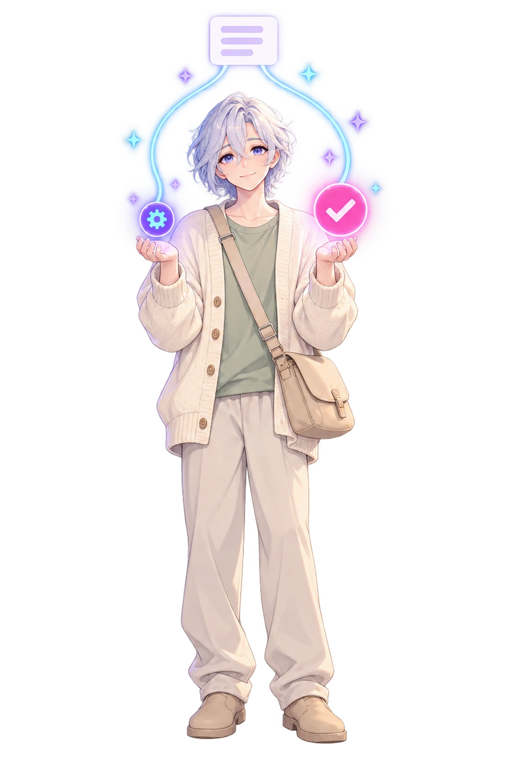 A small-business owner in a cream cardigan holding out two glowing tokens, one violet and one pink, joined by threads of light to a single small receipt card above their head.
