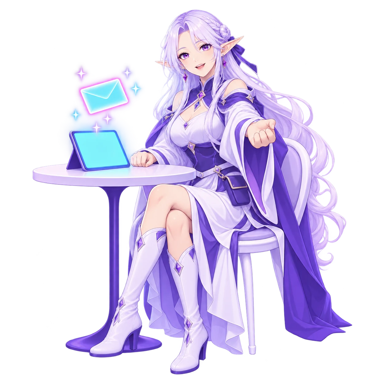 The FableForge client manager seated at a small round table, her tablet propped up with one glowing envelope rising from it, one hand held out in welcome.