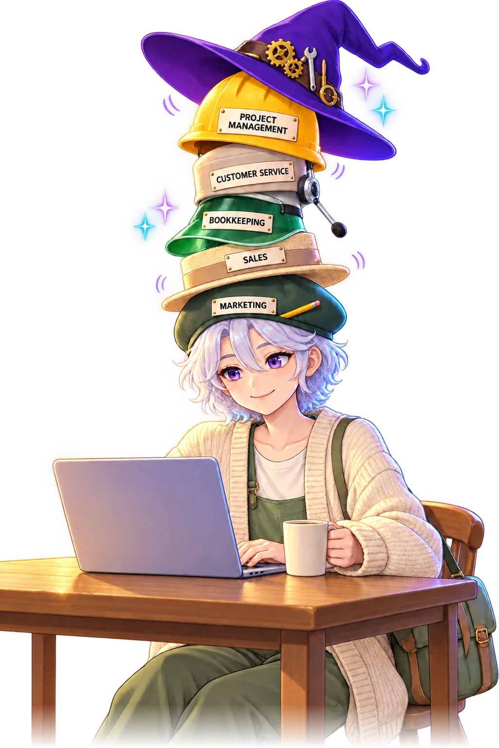 A small-business owner working at a laptop, wearing a tall stack of hats labelled Marketing, Sales, Bookkeeping, Customer service and Project management, with a violet witch hat balanced on top.