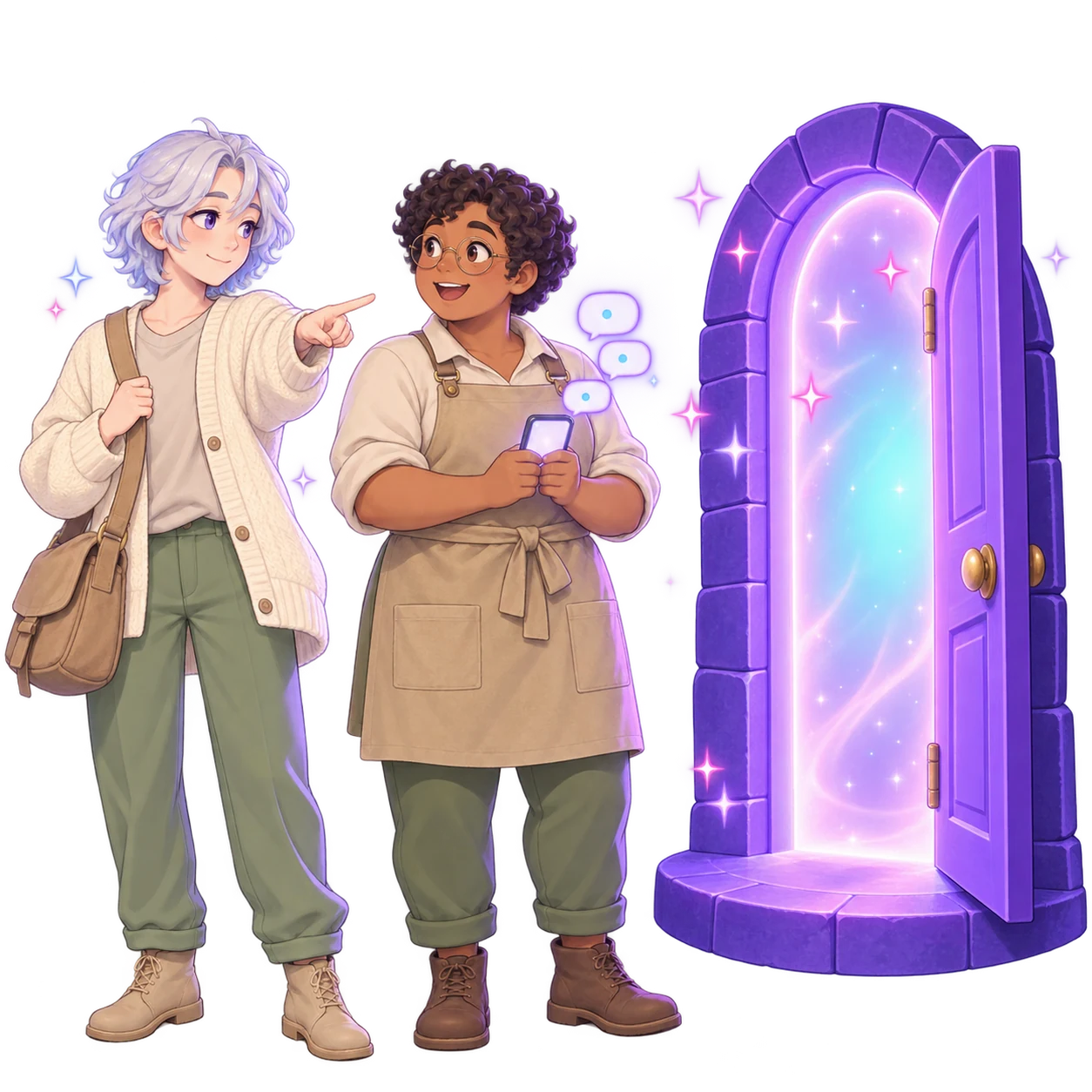 A small-business owner in a cream cardigan pointing a friend in a sand-coloured apron toward a glowing violet archway; the friend holds up a phone with three blank question bubbles rising from it.