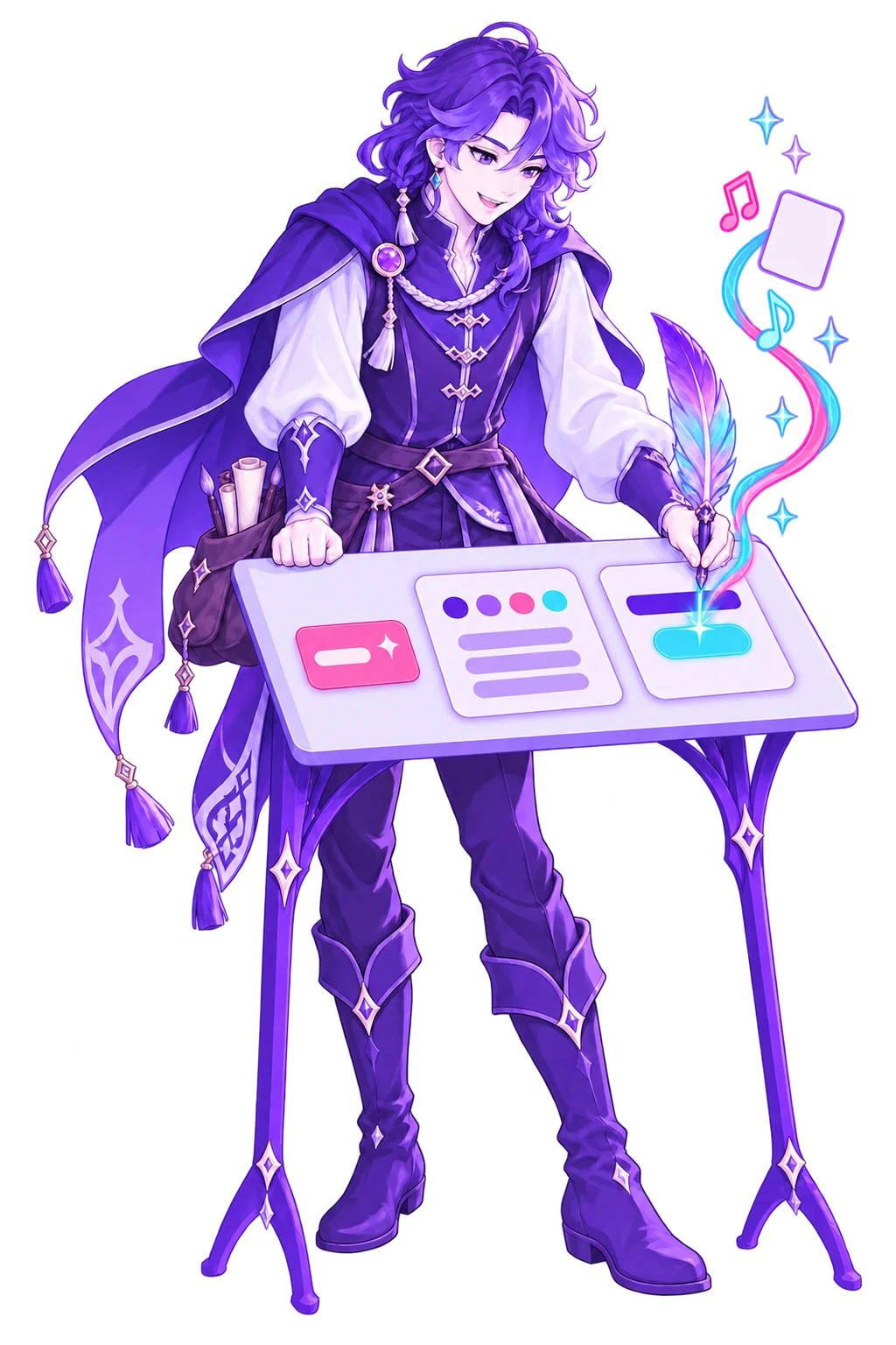 The FableForge designer leaning over a tilted drafting table, quill tip on a small landing page, a pink business card and a one-page brand guide laid out beside it, a ribbon of light curling up from the quill.