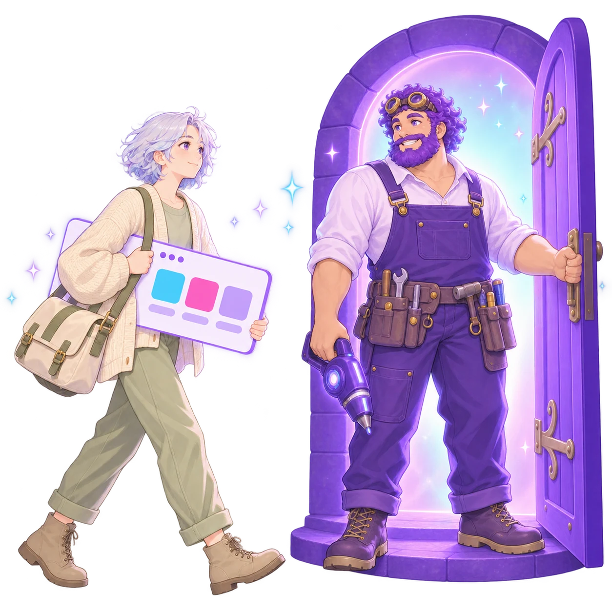A small-business owner walking toward a glowing violet doorway carrying a blank account window under one arm, while the FableForge builder holds the door open with a grin.