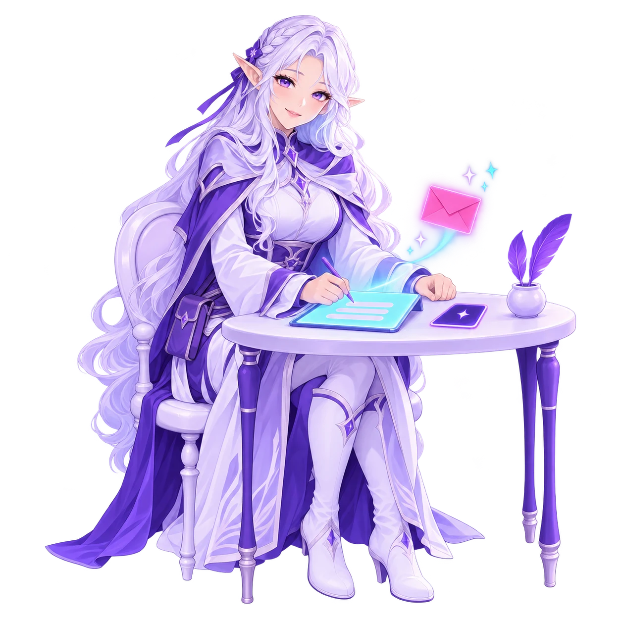 The FableForge client manager seated at a small desk writing on her cyan tablet with a stylus, a small card lying face down beside her hand and a pink envelope rising from the tablet.