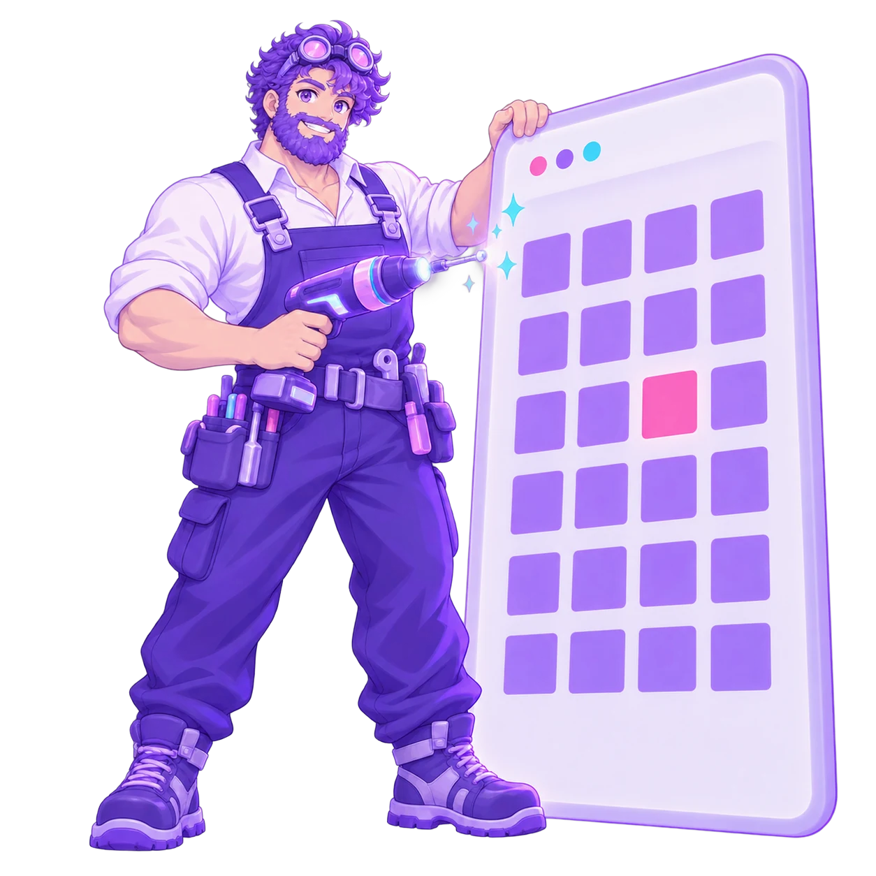 The FableForge builder raising a browser-window wall panel showing a calendar into place, power tool in hand.