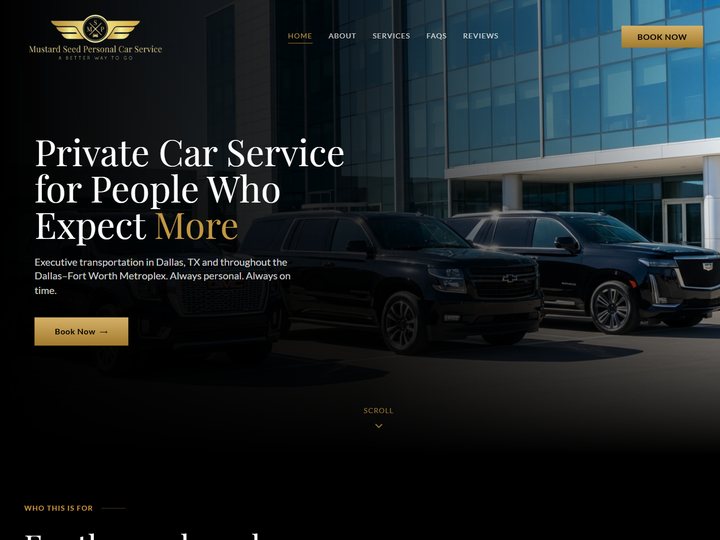 Mustard Seed Personal Car Service home page: a dark hero over a photograph of two black SUVs outside a glass office building, headed “Private Car Service for People Who Expect More”.
