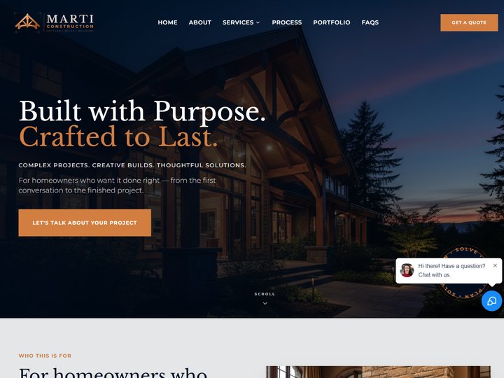 Marti Construction home page: a timber-framed house at dusk behind the headline “Built with Purpose. Crafted to Last.”