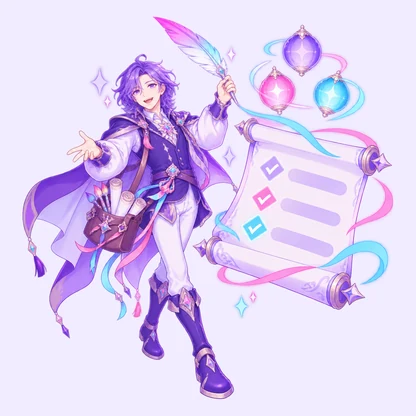 The FableForge designer, a bard with a glowing quill and ribbons of light, beside a lesson scroll with blank lines and tick marks, three glowing orbs in violet, pink and cyan circling above it like a small gathering.
