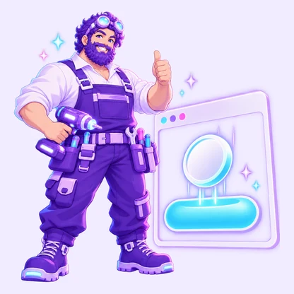 The FableForge builder, a bearded craftsman with a power drill on his hip, giving a thumbs-up beside a glowing browser window with one big cyan button and a coin of light dropping toward it.