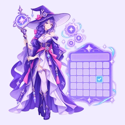 The automation mage standing beside a tall glowing calendar with a neatly filled grid and one checkmark, three small cogs turning between the calendar and the orb on her staff.