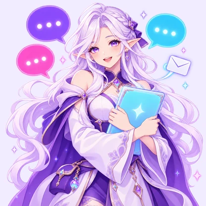 The FableForge client manager, an elf with long white-lavender hair, smiling and hugging a glowing cyan tablet, three blank speech bubbles in violet, pink and cyan and a small envelope floating around her.