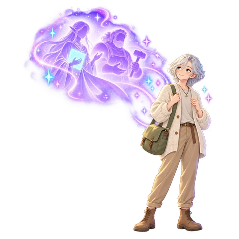 A small-business owner glancing up and to the side, thoughtful and hopeful, as faint glowing figures of the client manager and the builder appear in the light ahead of them.