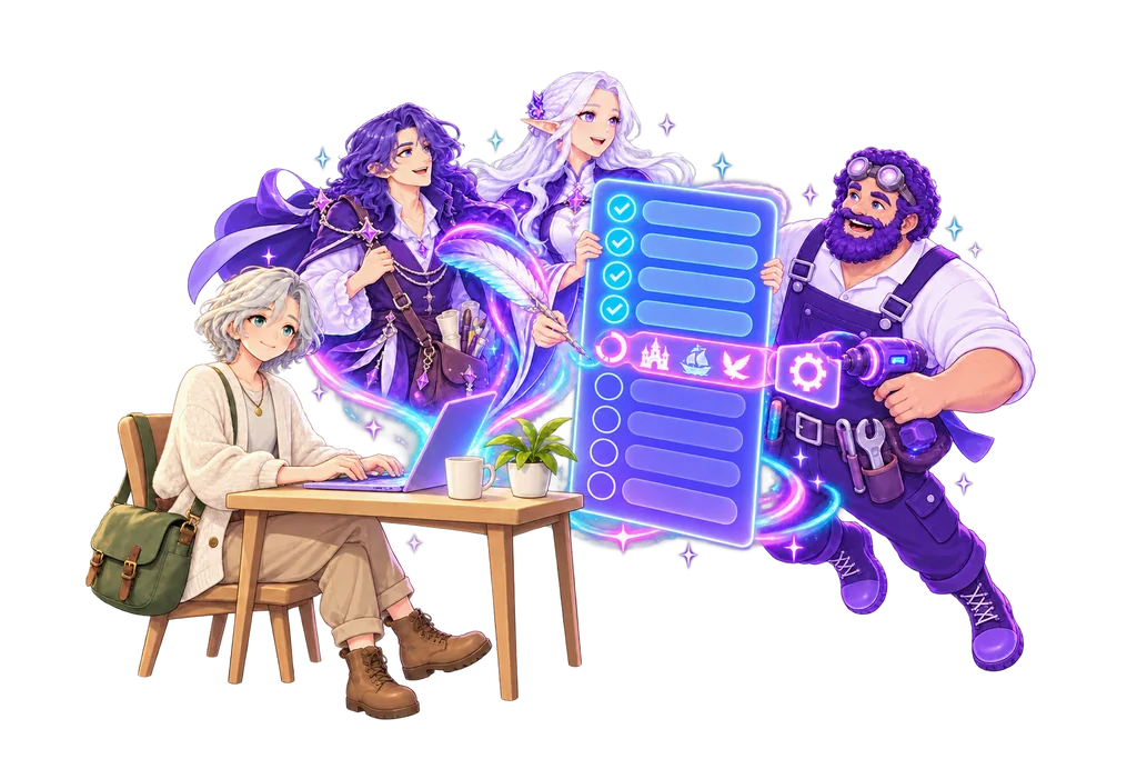 A small-business owner works at a laptop on their home-office desk while the FableForge client manager, builder, and designer rise out of the glowing screen, working through a floating list with several items ticked off, one in progress, and more still to go.