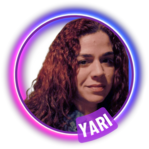 Yari Velazquez — a woman with long dark curly hair looking at the camera, inside a glowing pink-and-violet ring with her first name on a violet banner.