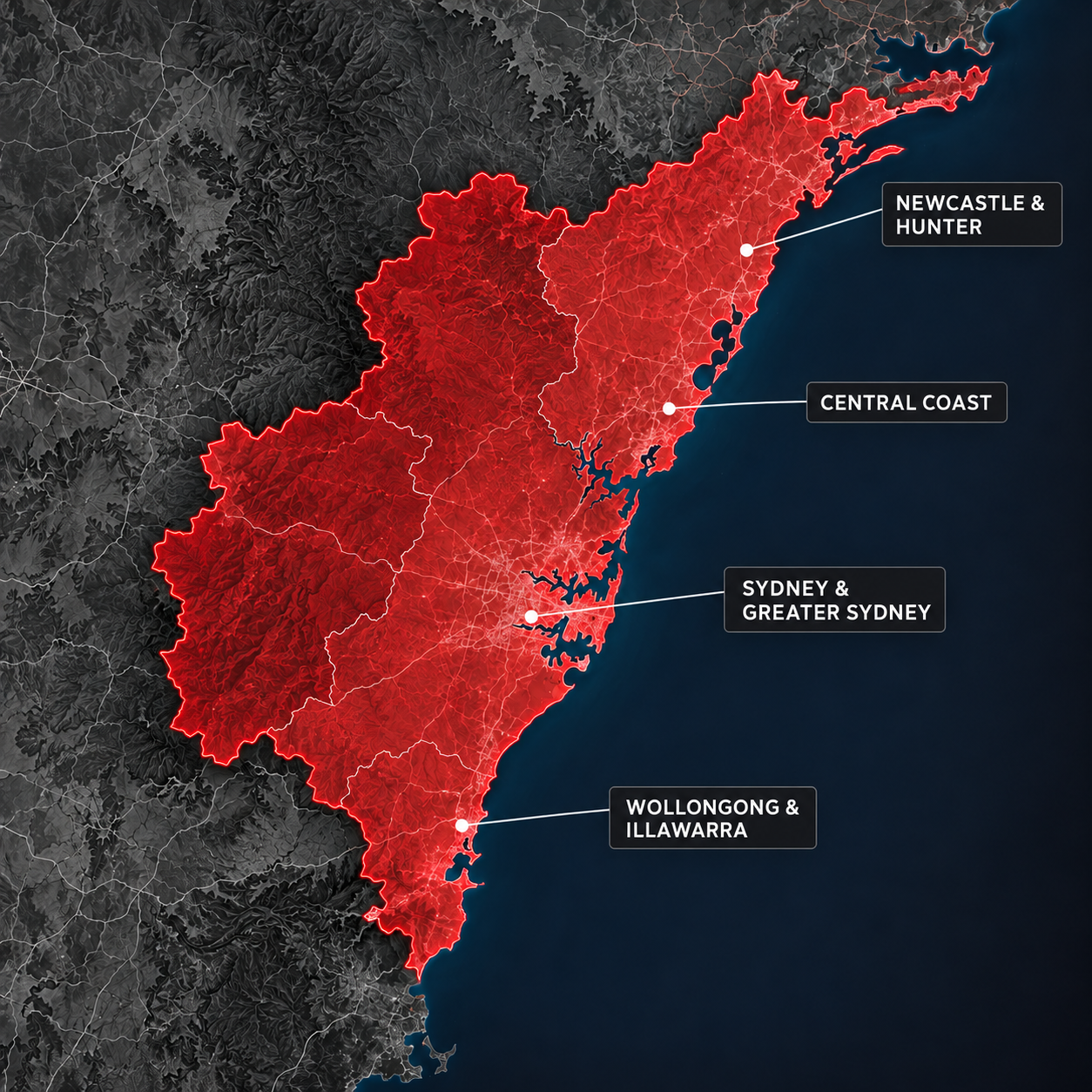 Blackcomb Roofing service area map covering Sydney, the Central Coast, Newcastle and Wollongong