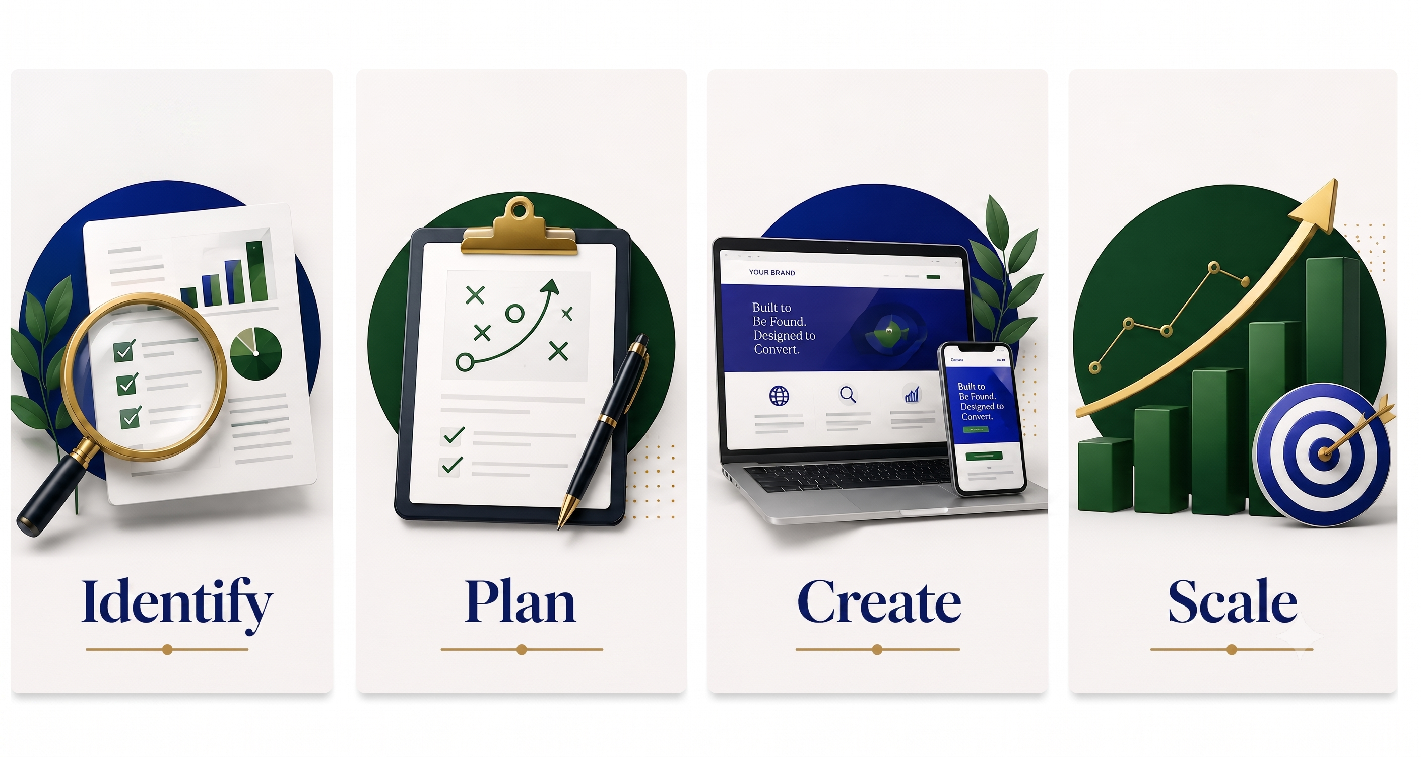 Glo Studio Marketing workflow showing Identify, Plan, Create, and Scale