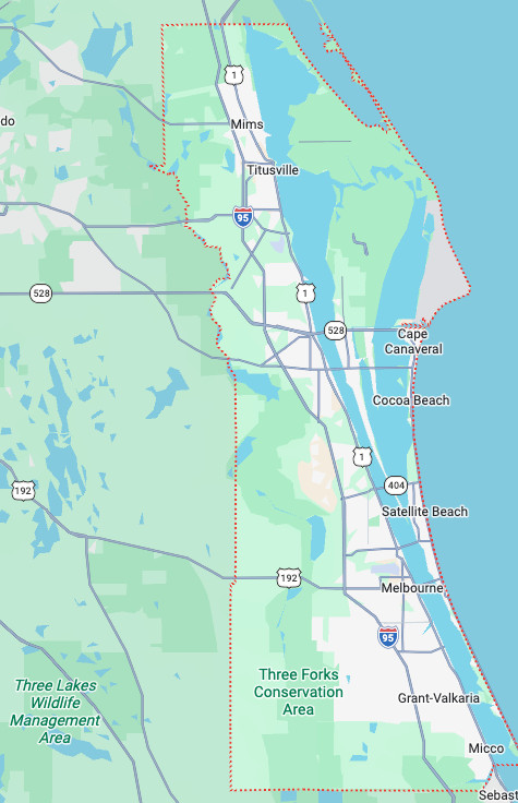 Map showing Melbourne and communities across Brevard County