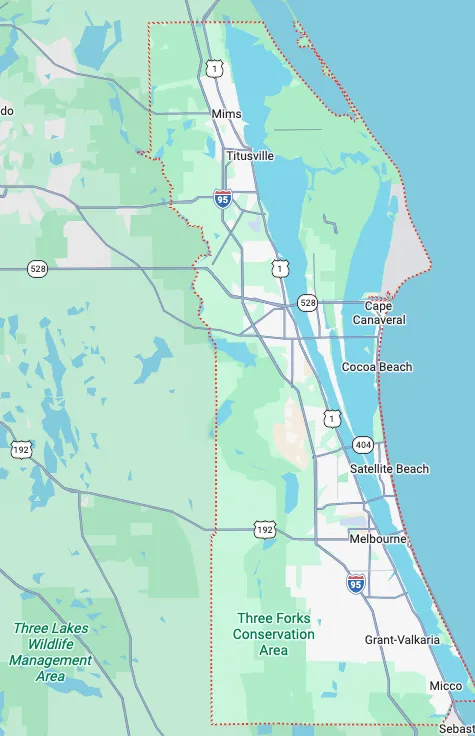 Map showing Melbourne and communities across Brevard County