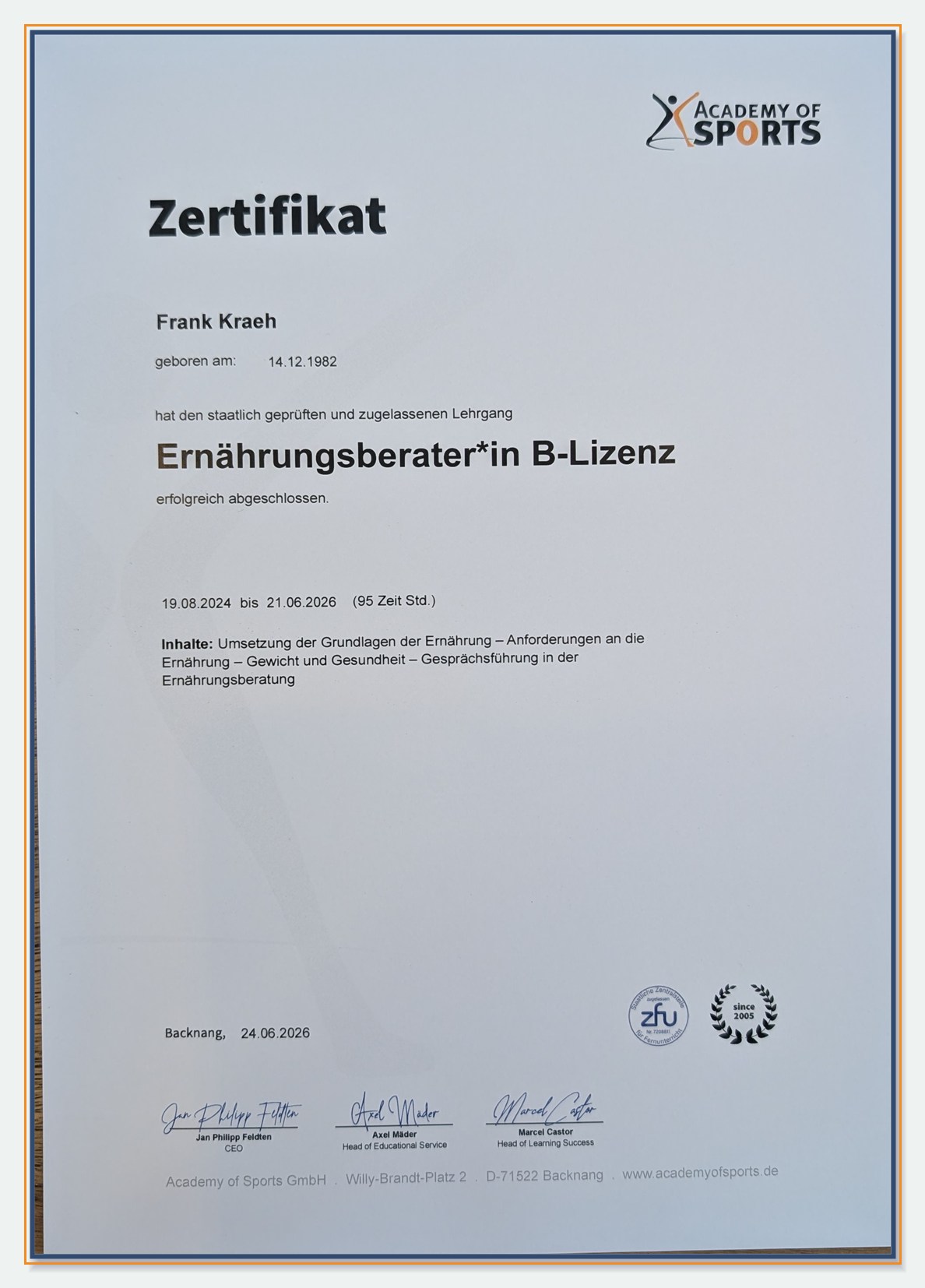 Zertifikat der Academy of Sports über den Lehrgang Ernährungsberater B-Lizenz für Frank Kraeh
