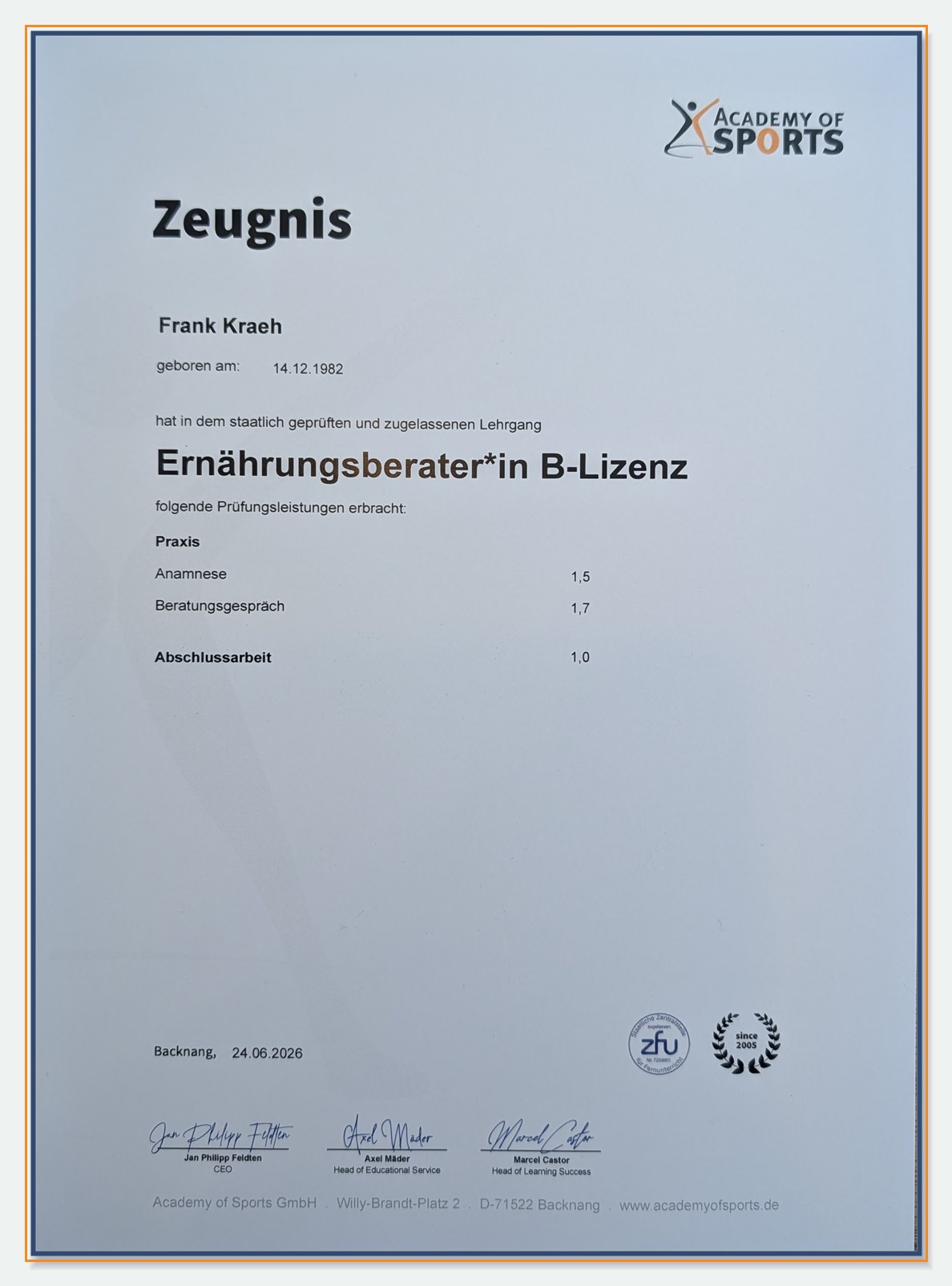 Zeugnis der Academy of Sports zum Ernährungsberater B-Lizenz mit den Noten für Anamnese, Beratungsgespräch und Abschlussarbeit