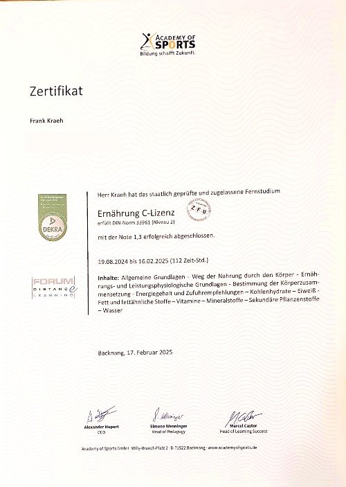 Zertifikat der Academy of Sports über das Fernstudium Ernährung C-Lizenz für Frank Kraeh