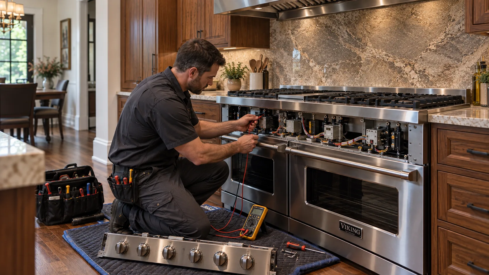 Viking Help technician testing the control panel of a Viking range in a kitchen