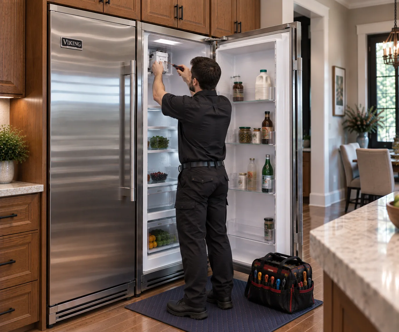 Viking Help technician servicing an open Viking column refrigerator in a kitchen