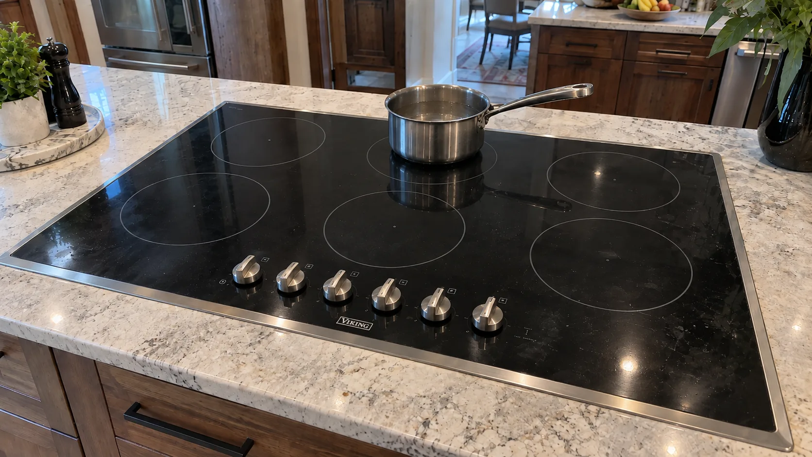 Viking six-zone induction cooktop with metal knobs