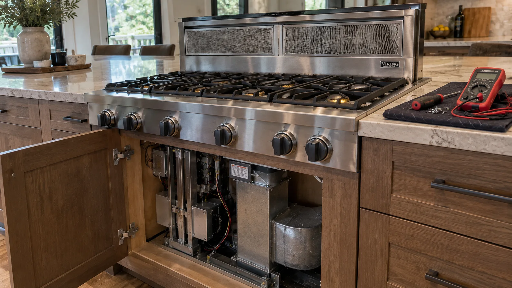 Viking VDD5360SS rear downdraft with lower cabinet open for service
