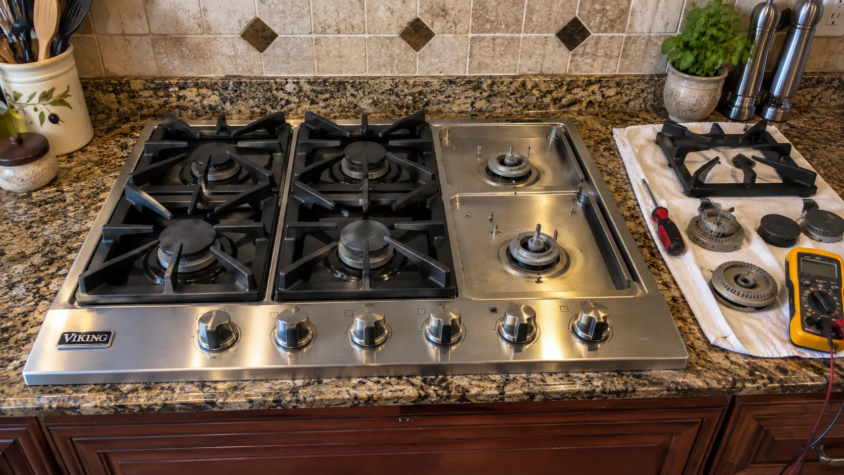 Viking gas cooktop with two burner assemblies removed for repair