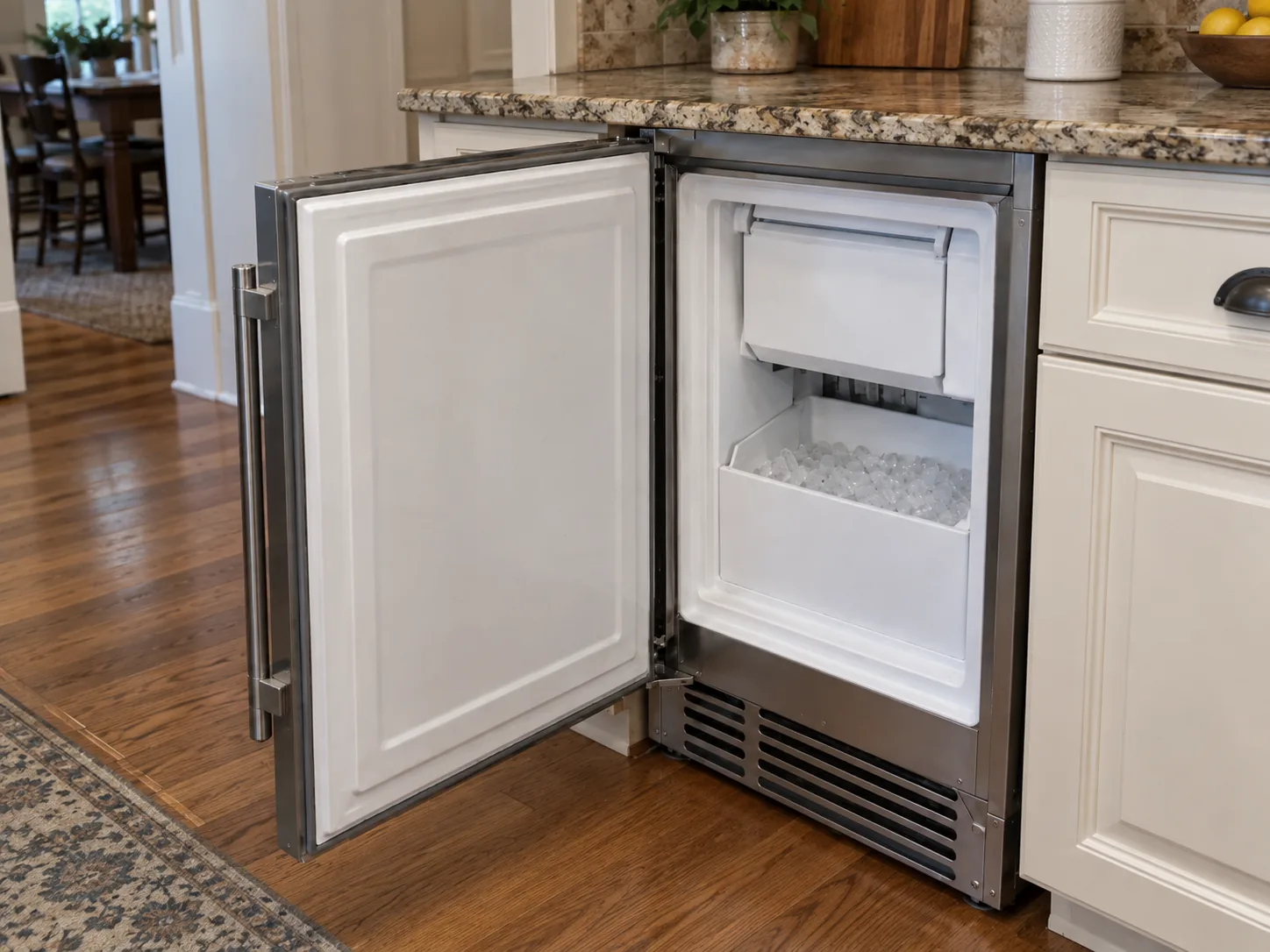Open undercounter ice maker with ice bin during service
