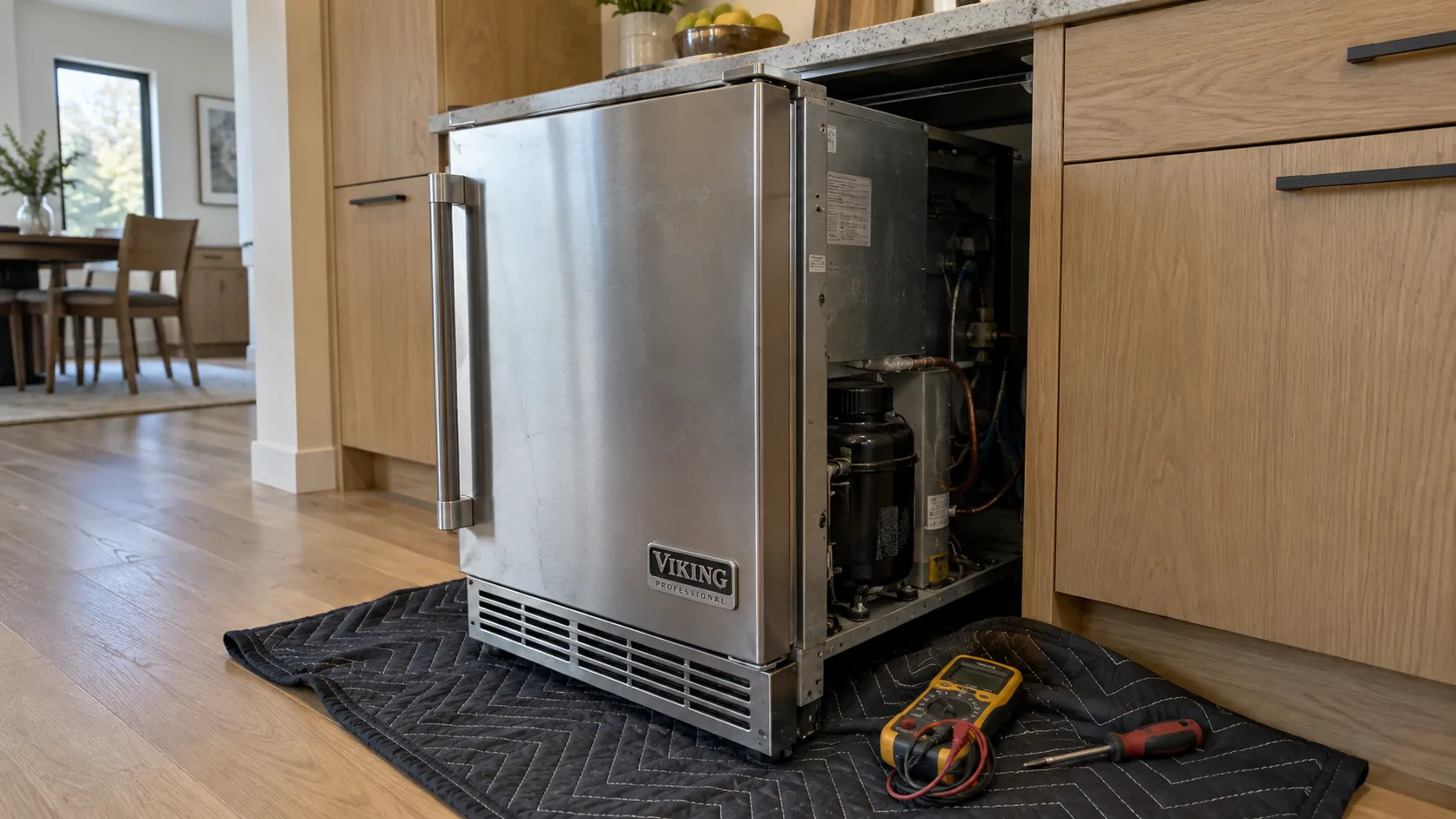 Undercounter ice maker pulled out for service access
