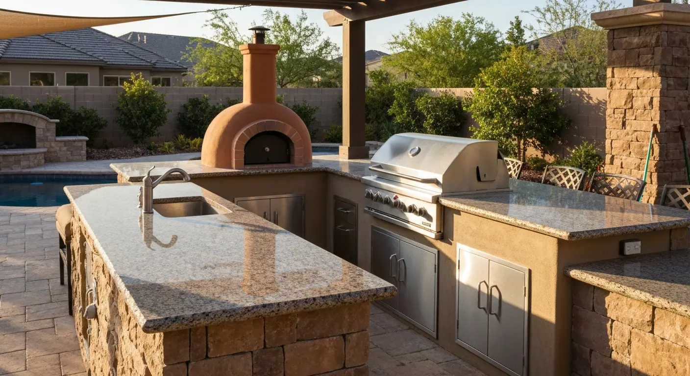 Outdoor kitchen with fireplace