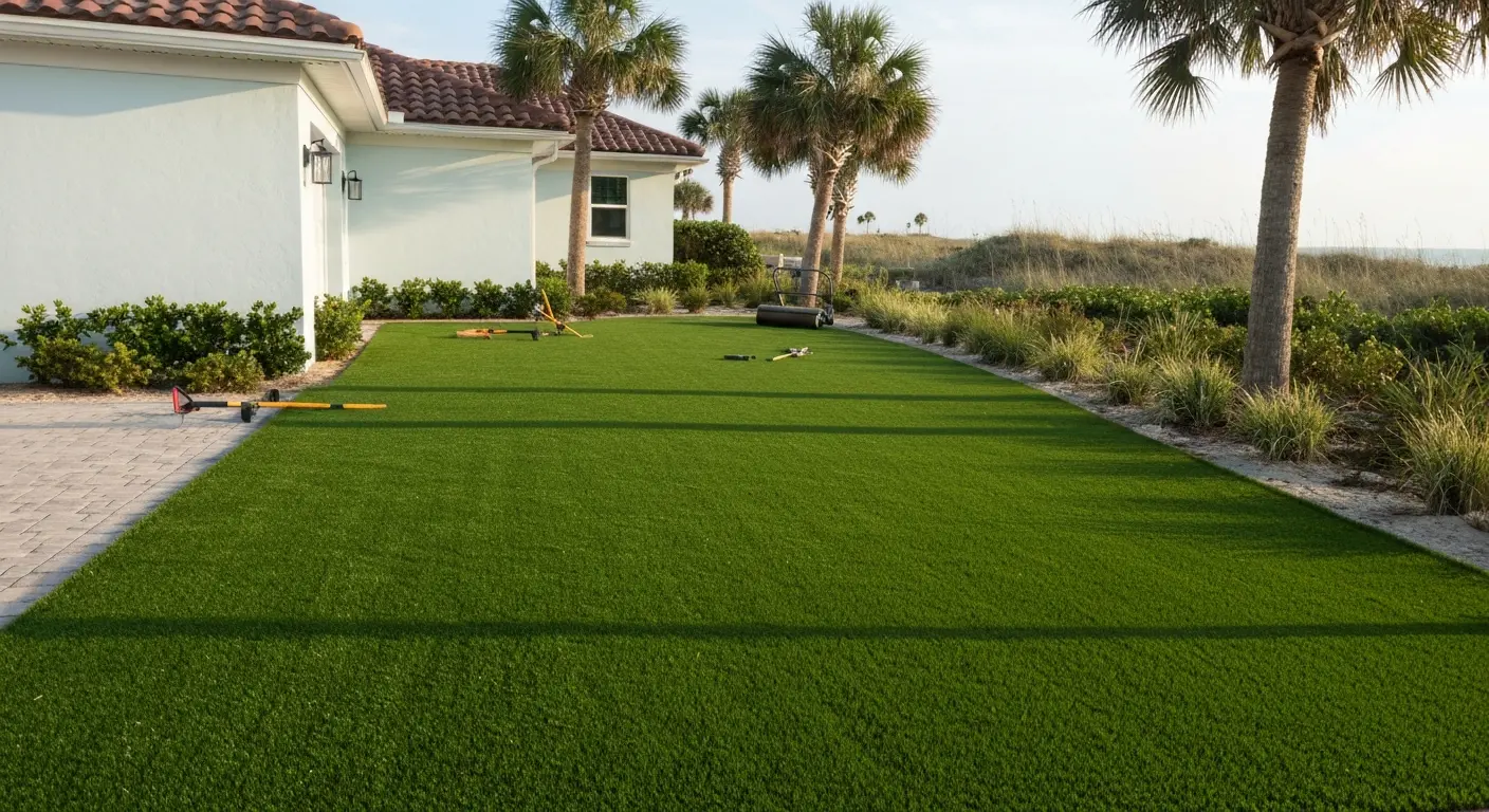 Artificial turf in coastal landscape