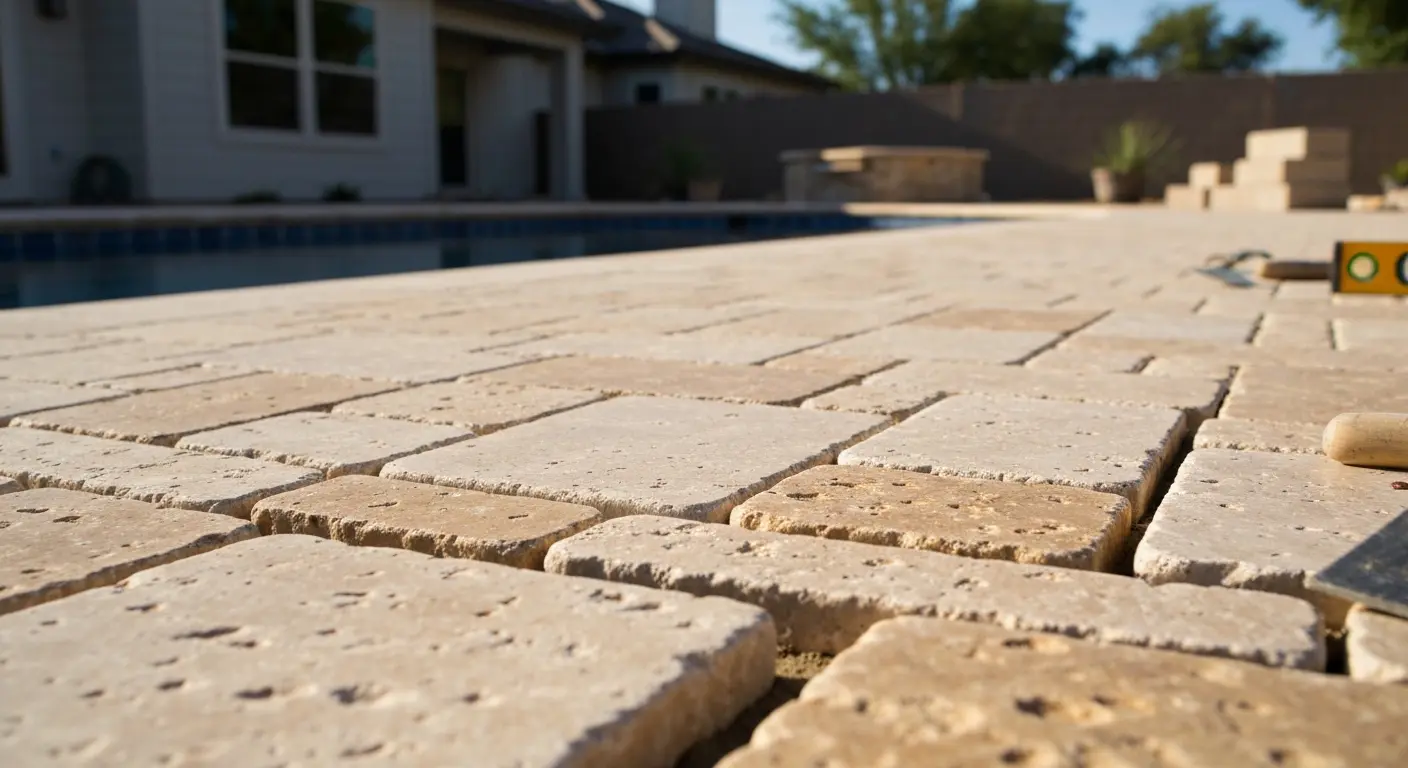 Pool deck with travertine pavers