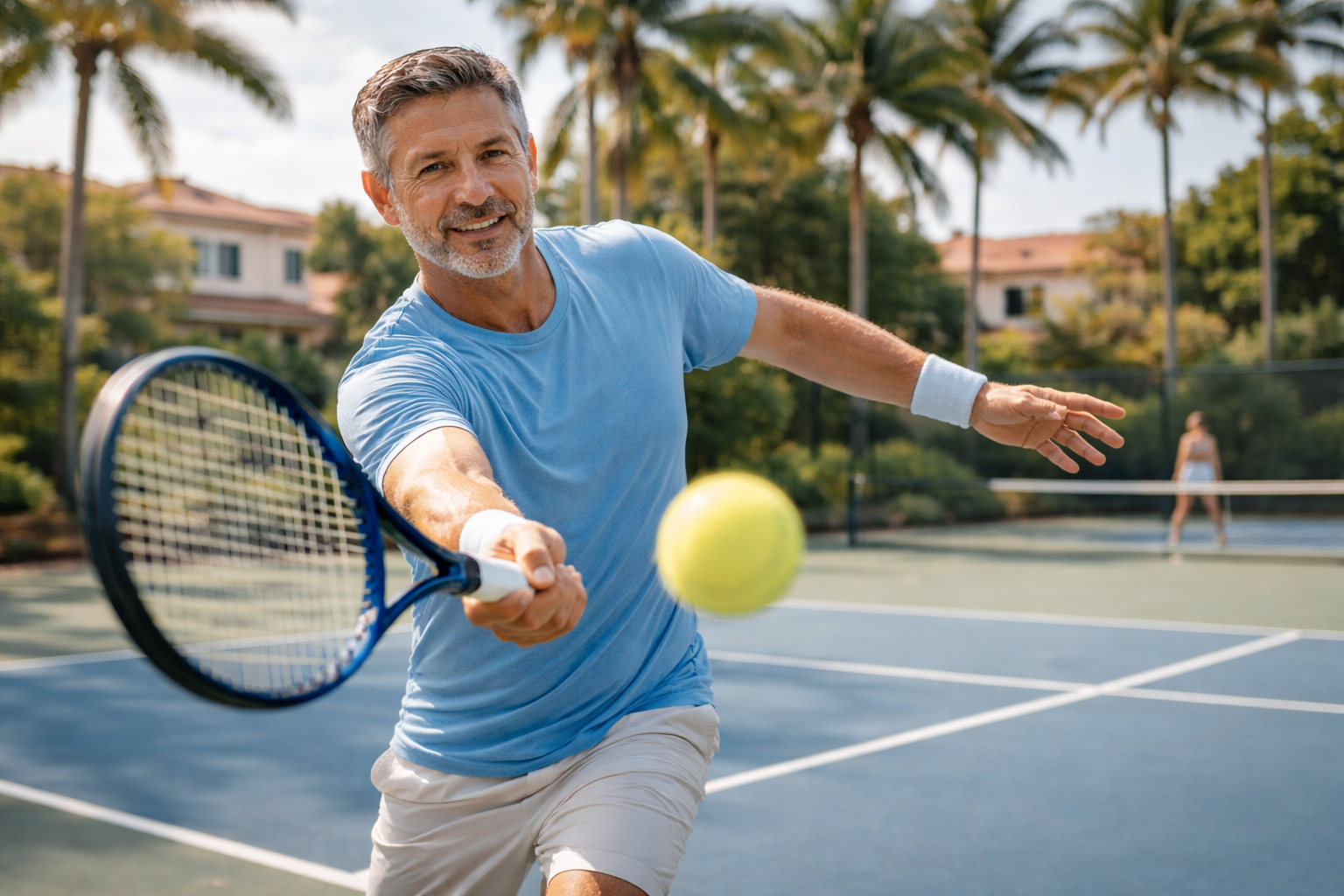 Active adult in their 50s on a tennis court or golf course demonstrating functional movement