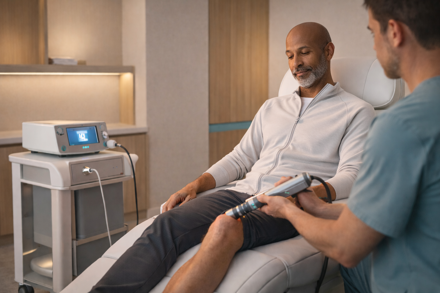 Shockwave therapy being applied to patient knee at Harper MD, Weston FL